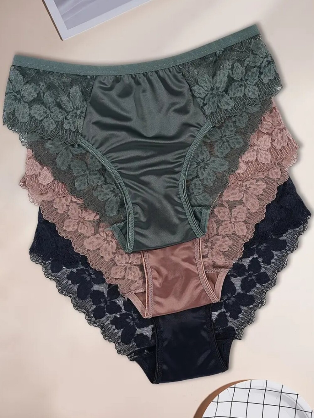 Multicolor Lace Trim Satin Bikini Panty Set - Women Intimates
